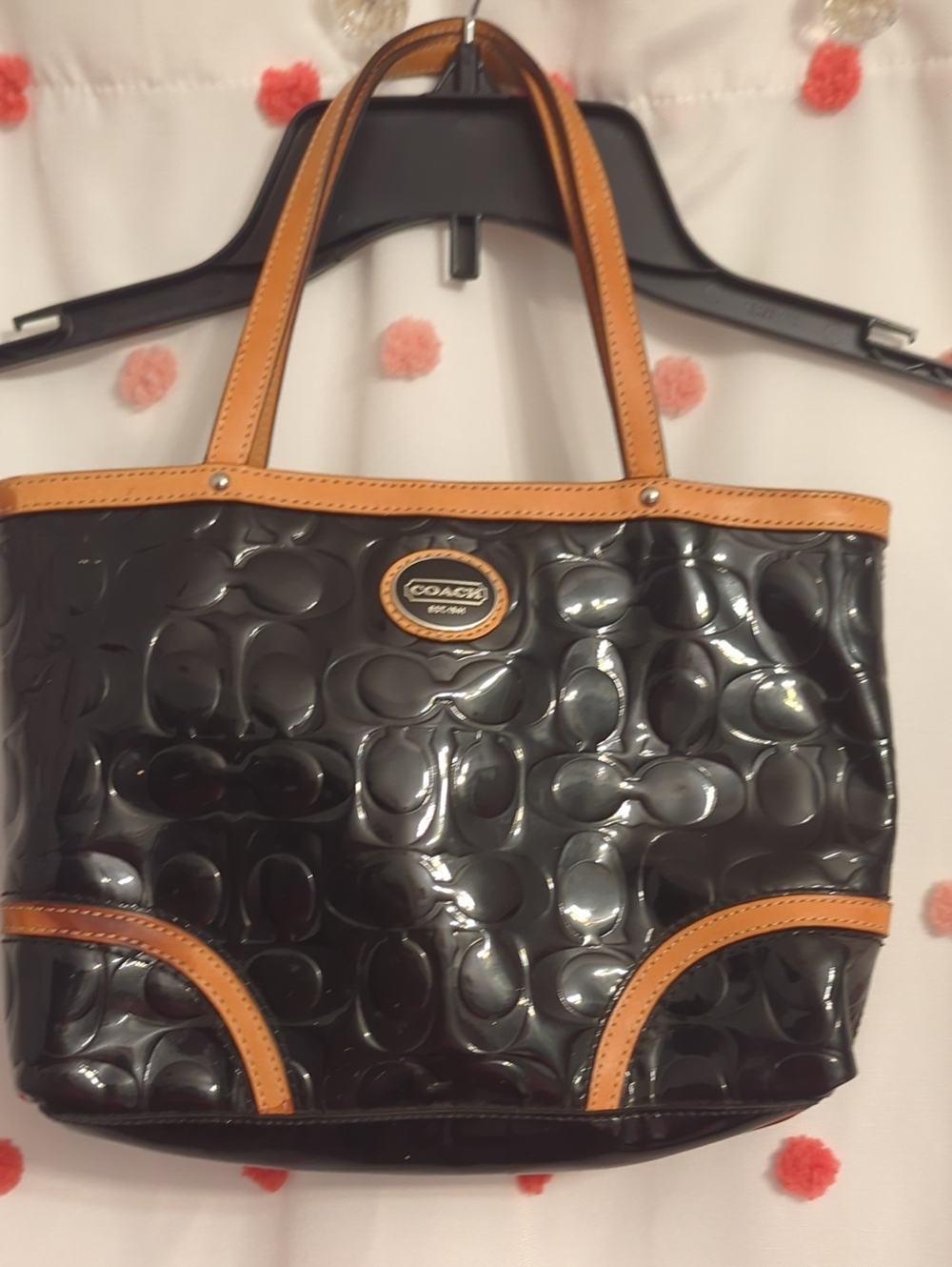 COACH Black Patent Tote with Tan Leather Trim